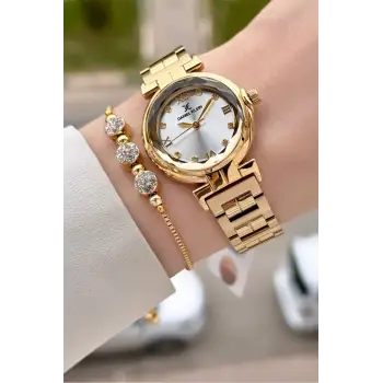 Gold Renk 30 Mm Kristal Cam Kadın Kol Saati ve Hediye Bileklik