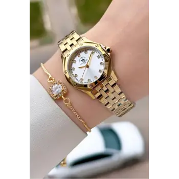 Santa Barbara Polo & Racquet Club Gold Renk 27,5 Mm Tam Çelik 5 ATM Su Geçirmez Kadın Kol Saati ve Bileklik