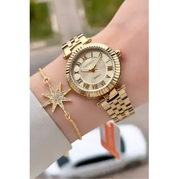 Gold Renk 35 Mm Hediye Paketli Kadın Kol Saati ve Bileklik