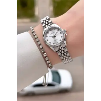 Gümüş Renk 24 Mm Tam Çelik Paslanmaz Kadın Kol Saati ve Bileklik