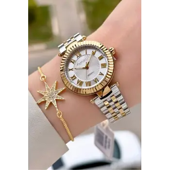 Gold Gümüş Renk 35 Mm Hediye Paketli Kadın Kol Saati ve Bileklik