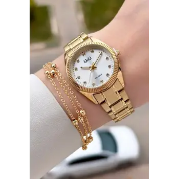Gold Renk 30 Mm Kadın Kol Saati ve Hediye Bileklik