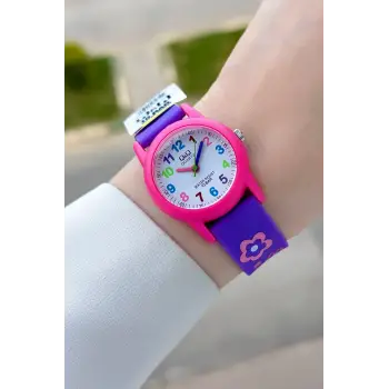 Pembe Mor Renk 30 Mm Çiçek Figürlü Su Geçirmez Rakamlı Çoçuk Kol Saati