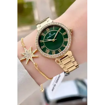 Kadranı Yeşil Kordonu Gold Renk 35 mm Kadın Kol Saati ve Hediye Bileklik