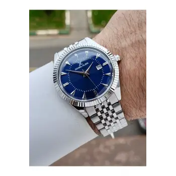 Kadranı Lacivert Kordonu Gümüş Renk Hediye Paketli 41 mm Erkek Kol Saati