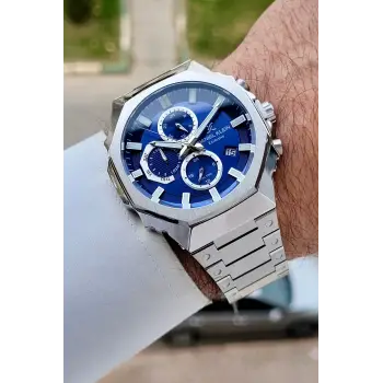 Kadranı Lacivert Kordonu Gümüş Renk Hediye Paketli 45 mm Erkek Kol Saati