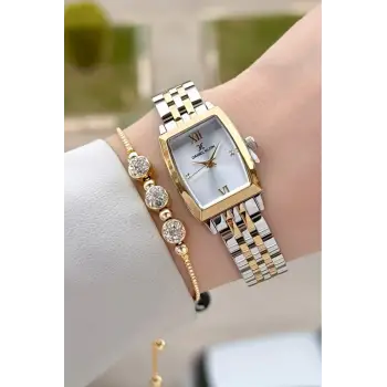 Gold Gümüş Renk 26 mm Kadın Kol Saati ve Hediye Bileklik