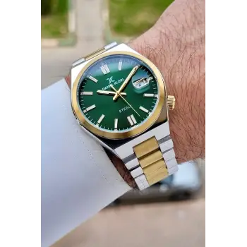 Kadranı Yeşil Kordonu Gold Gümüş Renk 40 mm Çelik Metaryel Erkek Kol Saati