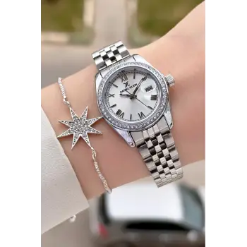 Gümüş Renk 28 mm Kristal Cam Kadın Kol Saati ve Bileklik