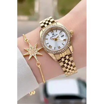 Gold Renk 28 mm Kristal Cam Kadın Kol Saati ve Bileklik