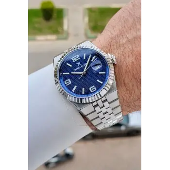 Kadranı Lacivert Kordonu Gümüş Renk 41 mm Takvimli Erkek Kol Saati