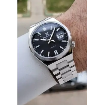 Kadranı Siyah Kordonu Gümüş Renk 40 mm Kristal Cam Çelik Metaryel Erkek Kol Saati