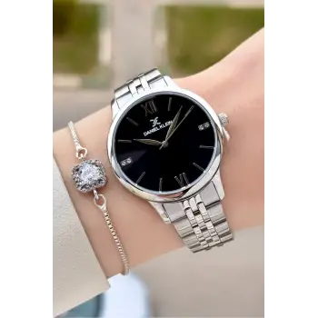 Kadranı Siyah Kordonu Gümüş Renk 35 mm Kadın Kol Saati ve Hediye Bileklik