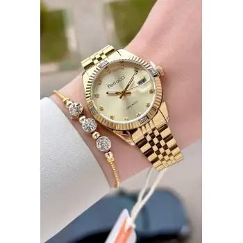 Gold Renk 32 mm Kadın Kol Saati ve Hediye Bileklik