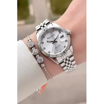 Gümüş Renk 32 mm Kadın Kol Saati ve Hediye Bileklik