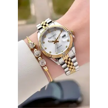 Gold Gümüş Renk 32 mm Kadın Kol Saati ve Hediye Bileklik