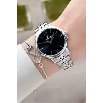 Gümüş Siyah Renk 35 mm Hediye Paketli Kadın Kol Saati ve Bileklik