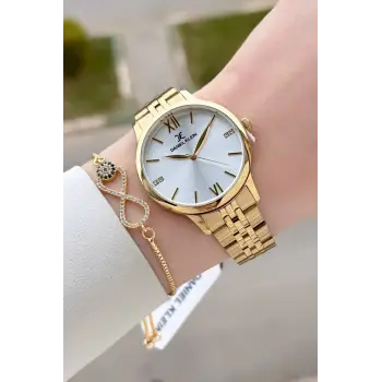 Gold Renk 35 mm Hediye Paketli Kadın Kol Saati ve Bileklik