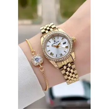 Gold Renk Hediye Paketli Kadın Kol Saati ve Hediye Baget Bileklik