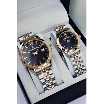 Kadranı Siyah Kordonu Rose Gümüş Renk Hediye Paketli Sevgili Çift Kol Saati