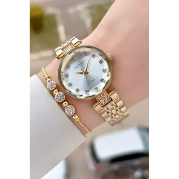 Gold Renk 32 mm Kadın Kol Saati ve Bileklik