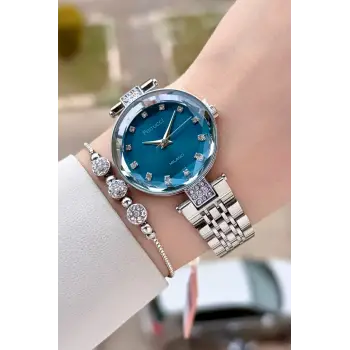 Kadranı Mavi Kordonu Gümüş Renk 32 mm Kadın Kol Saati ve Bileklik