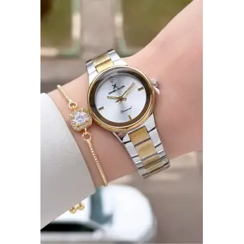 Gold Gümüş Renk 30 mm Hediye Paketli Kadın Kol Saati ve Hediye Bileklik