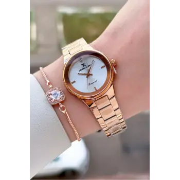 Rose Renk 30 mm Hediye Paketli Kadın Kol Saati ve Hediye Bileklik