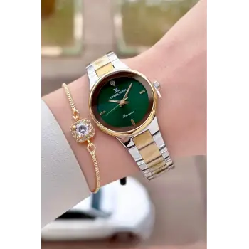 Kadranı Yeşil Kordonu Gold Gümüş Renk 30 mm Hediye Paketli Kadın Kol Saati ve Hediye Bileklik