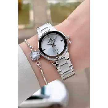 Gümüş Renk 30 mm Hediye Paketli Kadın Kol Saati ve Hediye Bileklik