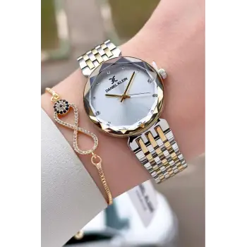 Kadranı Gümüş Kordonu Gold Gümüş Renk 30 mm Hediye Paketli Kadın Kol Saati ve Bileklik