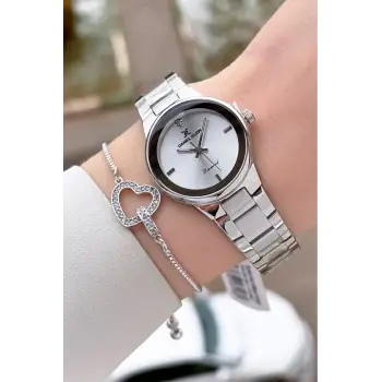 Pırlantalı Gümüş Renk 30 mm Hediye Paketli Kadın Kol Saati ve Bileklik