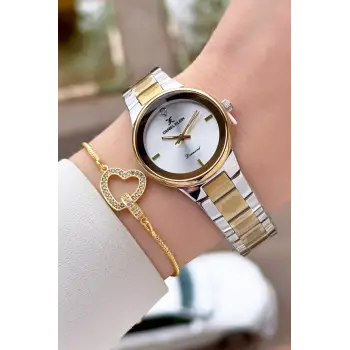 Pırlantalı Gold Gümüş Renk 30 mm Hediye Paketli Kadın Kol Saati ve Bileklik