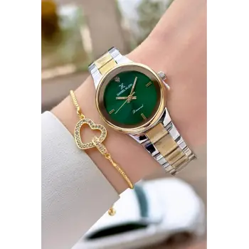 Pırlantalı Kadranı Yeşil Kordonu Gold Gümüş Renk 30 mm Hediye Paketli Kadın Kol Saati ve Bileklik