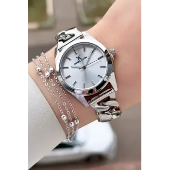 Gümüş Renk 32 mm Hediye Paketli Kadın Kol Saati ve Bileklik