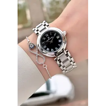 Kadranı Siyah Kordonu Gümüş Renk 30,5 mm Hediye Paketli Kadın Kol Saati ve Bileklik