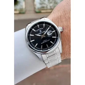 Gümüş Siyah Renk 44 mm Tamamen Paslanmaz Çelik Takvimli Erkek Kol Saati