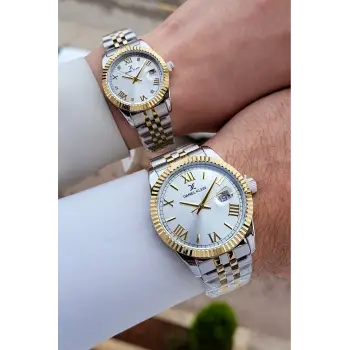Kordonu Gold Gümüş Renk Hediye Paketli Sevgili Çift Kol Saati