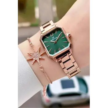 Kadranı Yeşil Kordonu Rose Renk 26 mm Kadın Kol Saati ve Bileklik