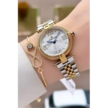 Gold Gümüş Renk 32 Mm Kadın Kol Saati ve Bileklik
