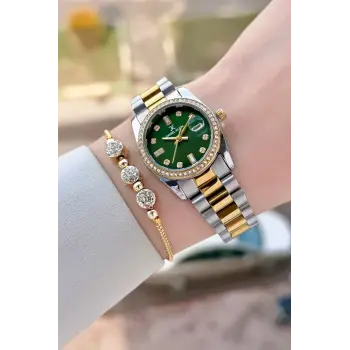 Kadranı Yeşil Kordonu Gold Gümüş Renk 28 Mm Kadın Kol Saati ve Bileklik