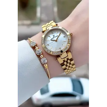 Gold Renk 30 Mm Kadın Kol Saati ve Bileklik
