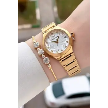 Gold Renk 30 Mm Kadın Kol Saati ve Bileklik