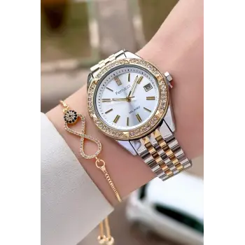 Gold Gümüş Renk 34 Mm Kadın Kol Saati ve Bileklik