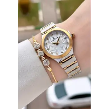 Gold Gümüş Renk 30 Mm Kadın Kol Saati ve Bileklik