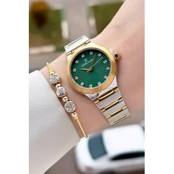 Kadranı Yeşil Kordonu Gold Gümüş Renk 30 Mm Kadın Kol Saati ve Bileklik