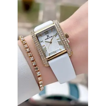 Kasası Gold Kordonu Beyaz Renk Kadın Kol Saati ve Bileklik