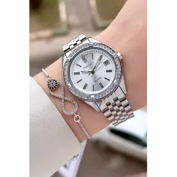 Gümüş Renk 34 Mm Kadın Kol Saati ve Bileklik