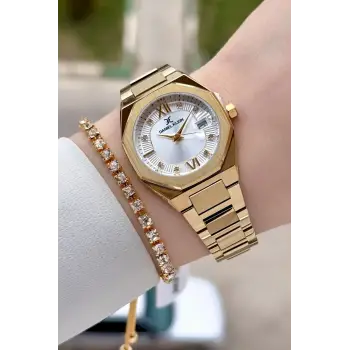 Gold Renk Hediye Paketli 30 Mm Kadın Kol Saati ve Bileklik