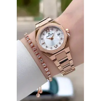 Rose Renk Hediye Paketli 30 Mm Kadın Kol Saati ve Bileklik
